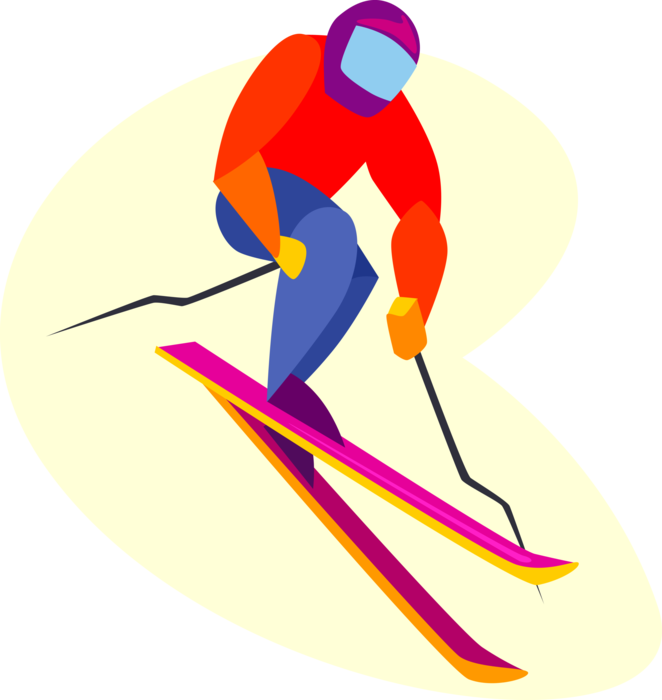 Vector Illustration of Downhill Alpine Skier Jumps While Skiing