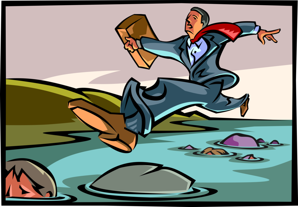 Vector Illustration of Businessman Uses Submerged Competitors as Stepping Stones to Cross Water