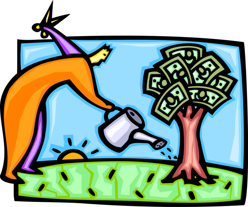 Vector Illustration of Businessman Watering the Money Tree with Scissors to Prune Profits