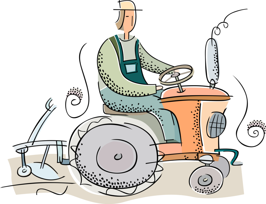 Vector Illustration of Farmer Ploughing or Plowing Farm Field with Farming Equipment Tractor