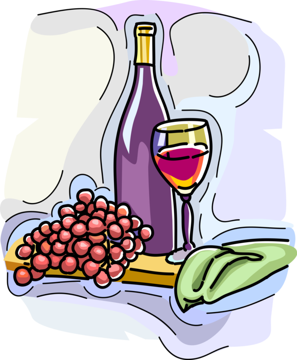 Vector Illustration of Wine Bottle Alcohol Beverage with Fruit Grapes and Glass