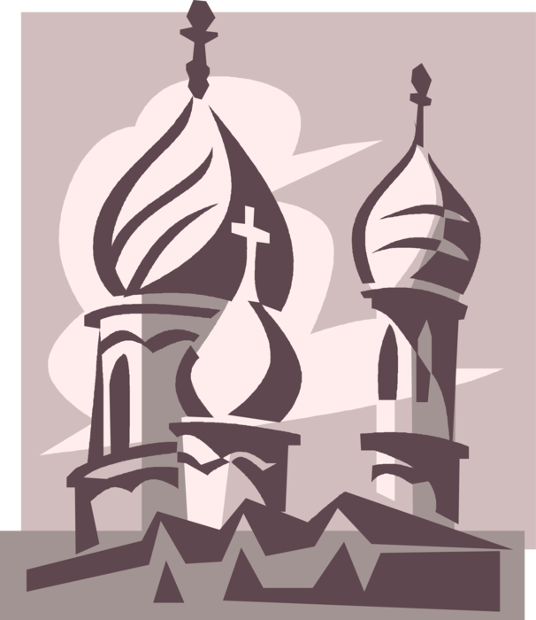 Vector Illustration of Russian Eastern Orthodox Religion Church Architecture with Tapering Tower Domes