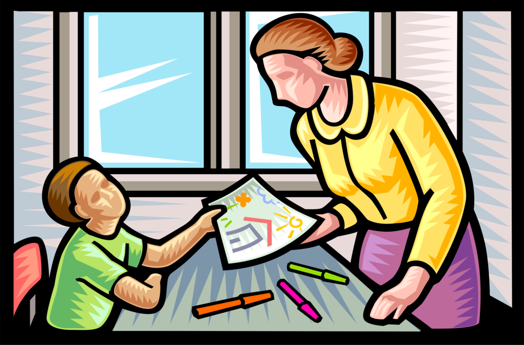 Vector Illustration of Student Shows Teacher Finished Artwork Drawing in Classroom at School