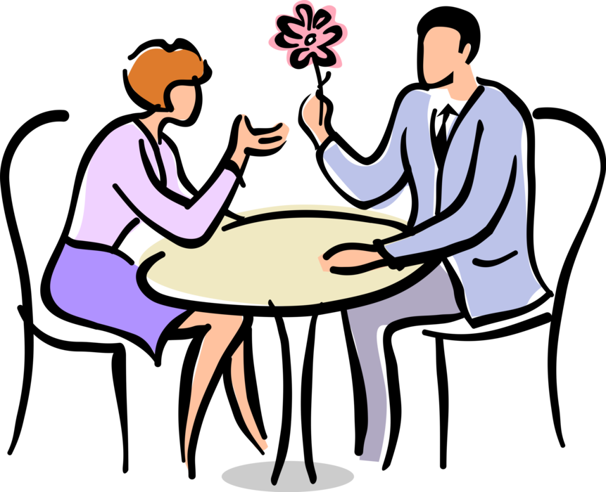 Vector Illustration of Romantic Couples Enjoy Conversation at Restaurant Table with Flower