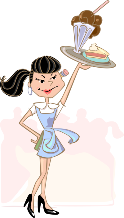 Vector Illustration of Fast Food Restaurant Waitress Serves Food Order Milkshake and Pie