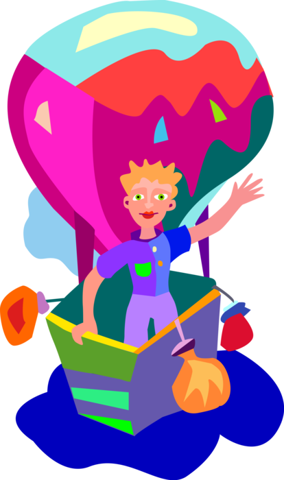 Vector Illustration of Hot Air Balloon Ride with Gondola Wicker Basket Carry Passengers Aloft