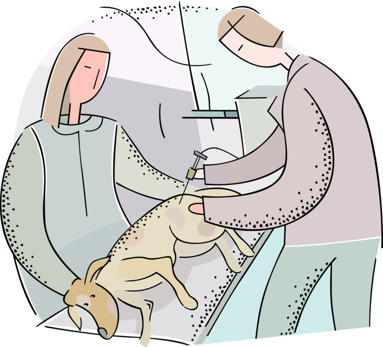 Vector Illustration of Veterinarian Administers Injection and Provides Care to Injured Canine Dog