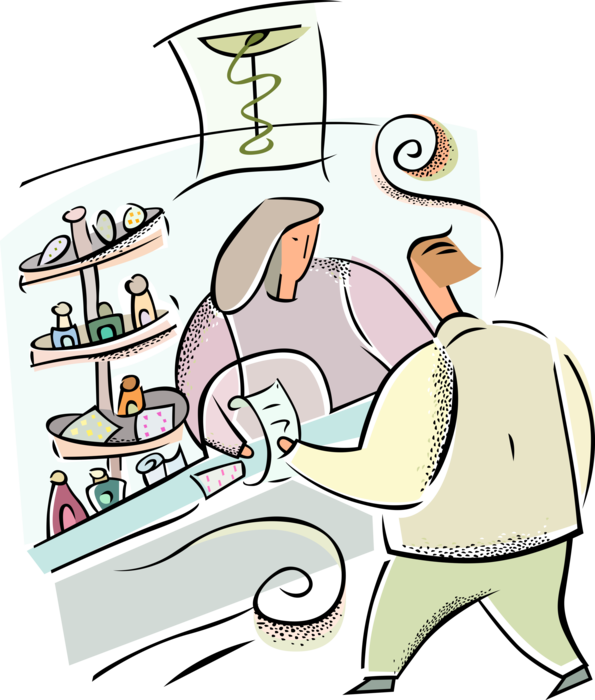 Vector Illustration of Pharmacist Filling Customer Prescription with Bottle of Prescription Medicine