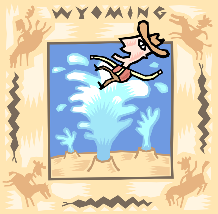 Vector Illustration of Wyoming with Rodeo Cowboy and Yellowstone National Park Old Faithful Geyser