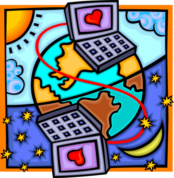 Vector Illustration of Global Telecommunications and the Internet Enable Long Distance Romance
