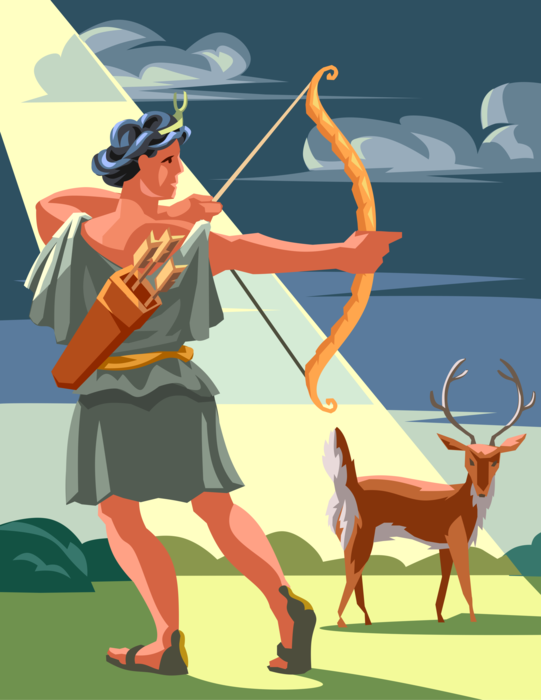 Vector Illustration of Greek Mythology Artemis, Hellenic Goddess of Hunt, Wild Animals, Wilderness, Childbirth, Virginity
