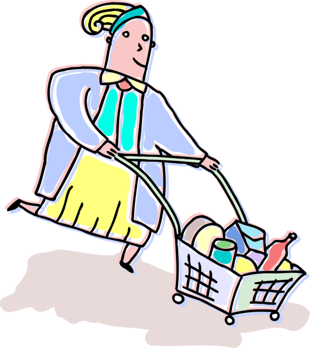 Vector Illustration of Supermarket Grocery Store Shopper with Food Groceries in Shopping Cart