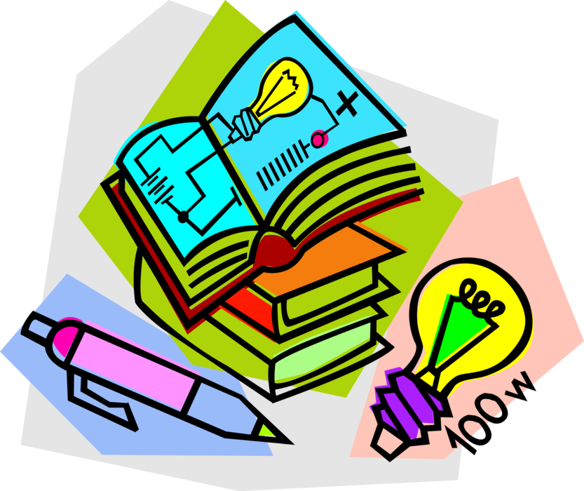Vector Illustration of School Physics Study of Electricity with Electric Light Bulb, Textbooks and Pen