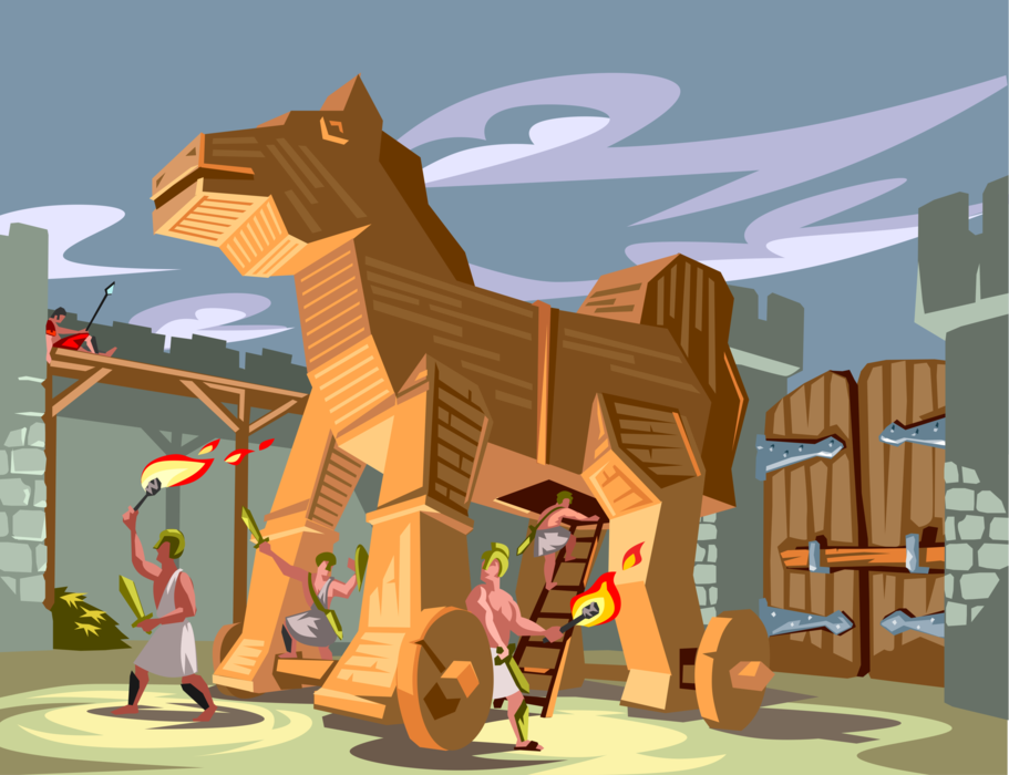 Vector Illustration of Greek Mythology Ancient Greeks Enter Troy with Trojan Horse