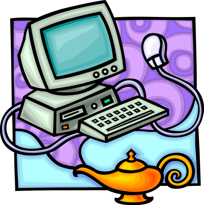 Vector Illustration of Aladdin's Magic Lamp Conjures Up Personal Computer Technology