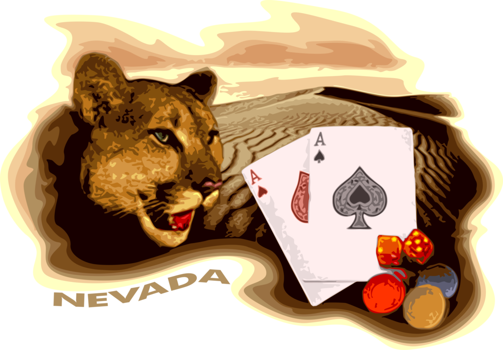 Vector Illustration of Nevada Las Vegas Casino Gambling Cards and Dice with Mountain Lion Cougar