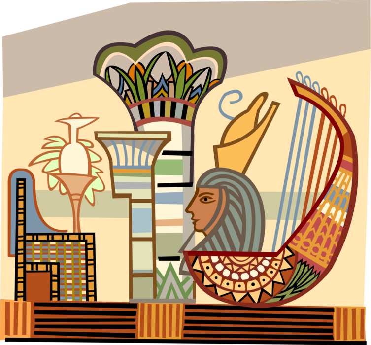 Vector Illustration of Ancient Egyptian Tomb Painting with Harp Stringed Musical Instrument