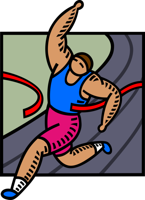 Vector Illustration of Track and Field Athletic Sport Contest Runner Crosses Finish Line Raising Arm to Win Race