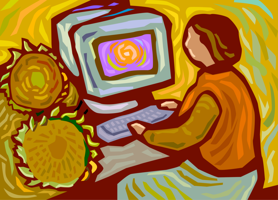 Vector Illustration of Visual Fine Arts Artist Working on Computer Drawing of Sunflowers