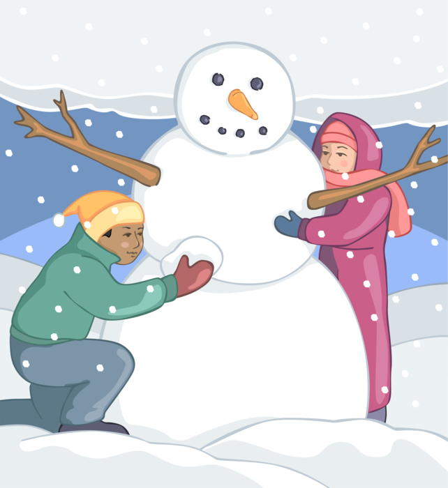 Vector Illustration of Children Build Snowman with Carrot Nose and Tree Branch Arms in Winter