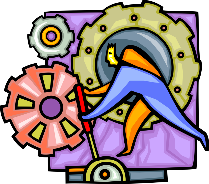Vector Illustration of Industrial Worker Operates Cogwheel Factory Gears of Production