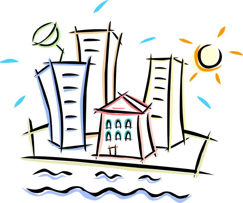 Vector Illustration of City Urban Houses and Apartment Buildings on Waterfront
