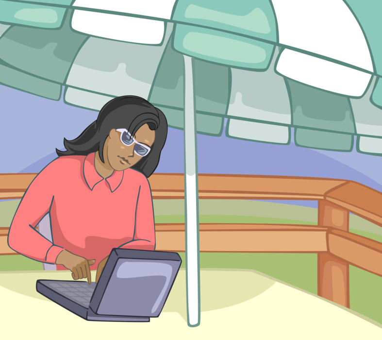Vector Illustration of Working on Laptop Notebook Computer Outdoors Under Sun Shade Umbrella