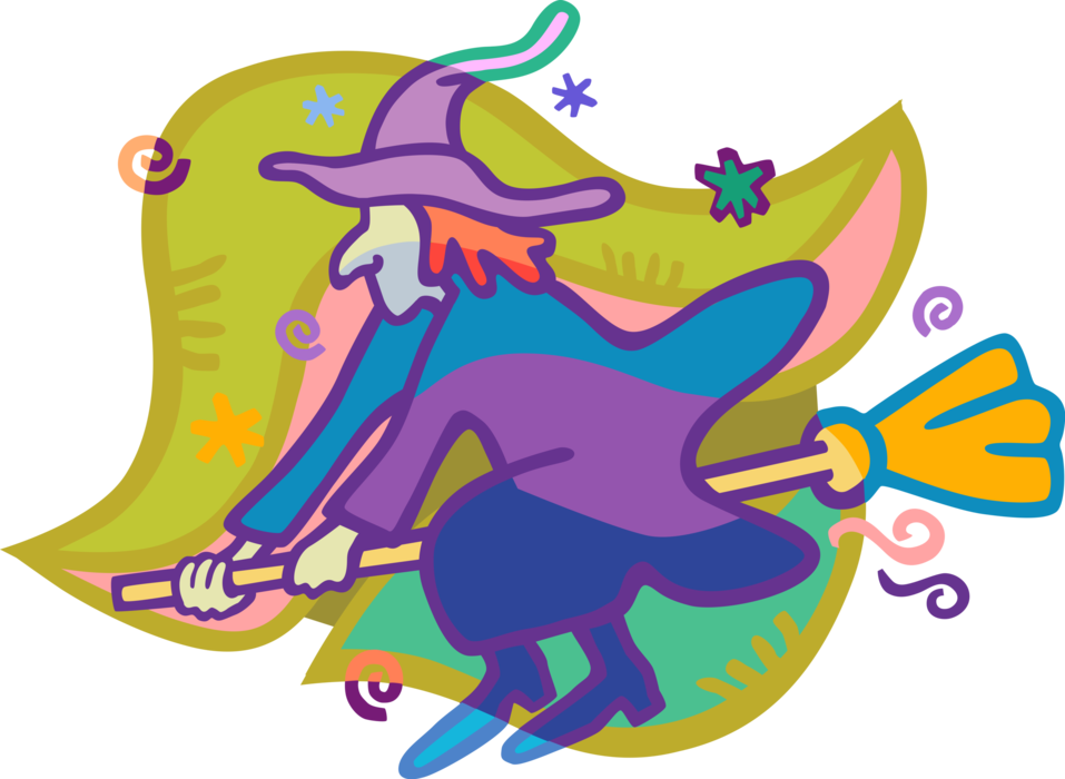 Vector Illustration of Halloween Sorceress Witch Flying on Broomstick