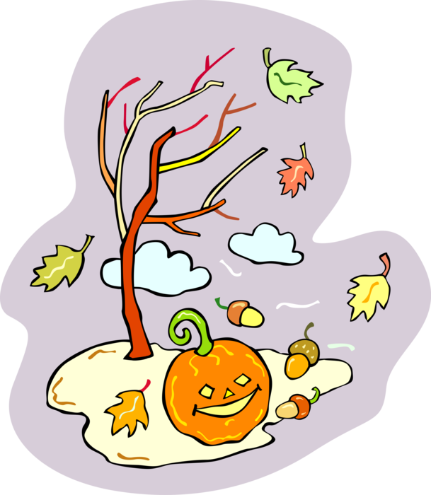 Vector Illustration of Autumn Fall Scene with Bare Tree, Leaves and Halloween Jack-o'-lantern Carved Pumpkin