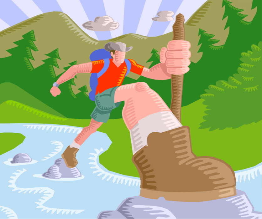 Vector Illustration of Hiker Hiking Outdoors Crosses Creek with Walking Stick