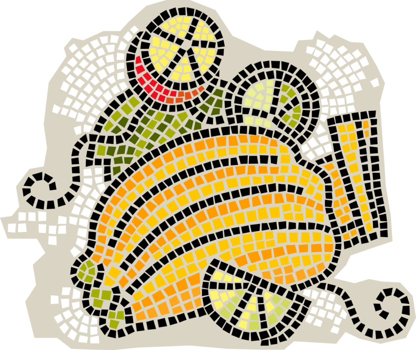 Vector Illustration of Decorative Mosaic Bananas with Citrus Lemon and Lime Fruit