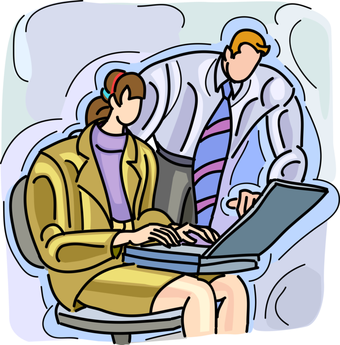 Vector Illustration of Business Colleagues Interacting at Work with Notebook Computer