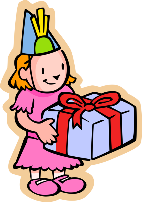 Vector Illustration of Primary or Elementary School Student Girl with Birthday Gift and Party Hat