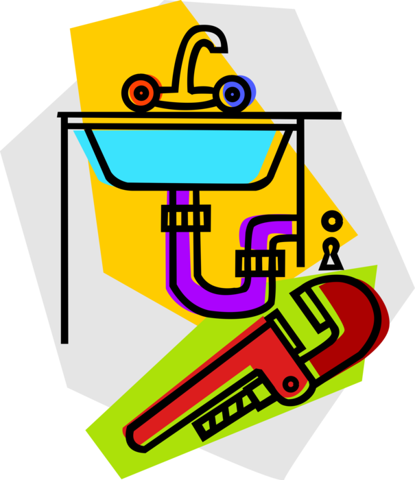 Vector Illustration of Plumbers Plumbing Tools with Drainpipe, Wrench and Water Faucet Spigot