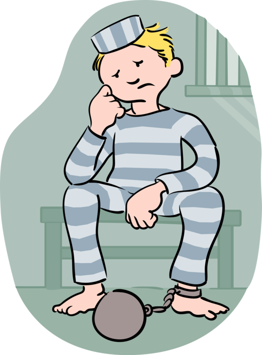 Vector Illustration of Incarcerated Inmate Prisoner Sits Dejected Behind Bars in Prison Jail
