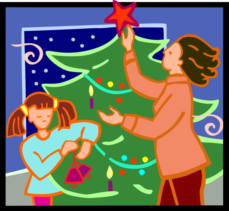 Vector Illustration of Decorating the Christmas Tree with Ornaments and Star