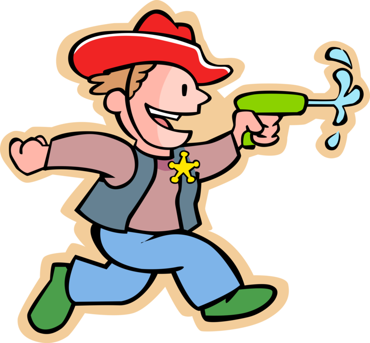 Vector Illustration of Primary or Elementary School Student Boy with Western Hat and Vest Shoots Water Gun