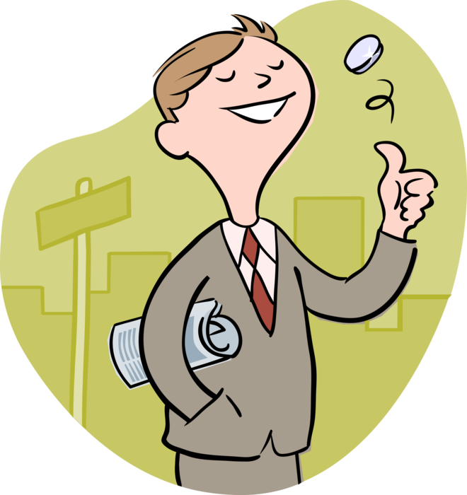 Vector Illustration of Businessman Flipping Coin Currency Money Coin Toss Heads or Tails