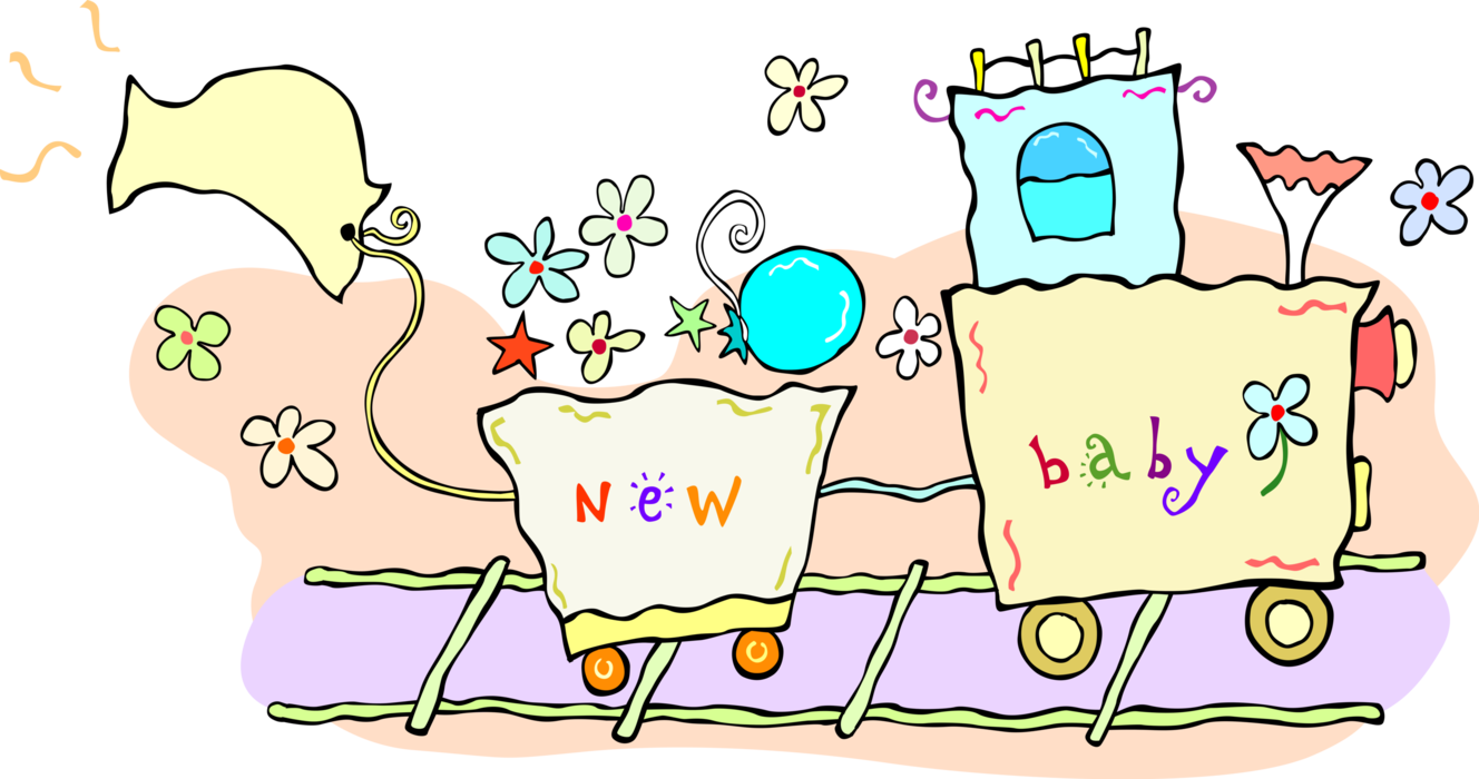 Vector Illustration of Newborn Infant New Baby Announcement Locomotive Railway Train on Tracks
