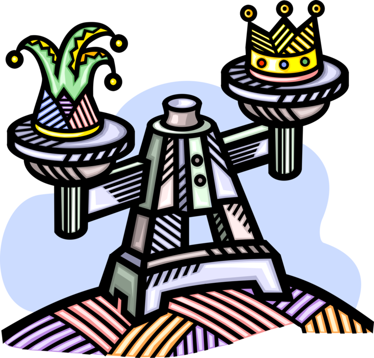Vector Illustration of Monarch or Royalty King Royal Crown and Court Jester Hat on Weigh Scale