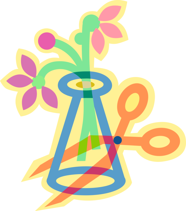 Vector Illustration of Ceramic Vase with Cut Flowers and Scissors