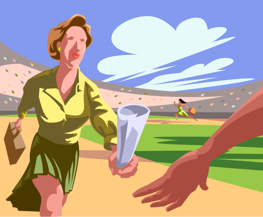 Vector Illustration of Businesswoman Track and Field Relay Runner Passes Baton Project File Document
