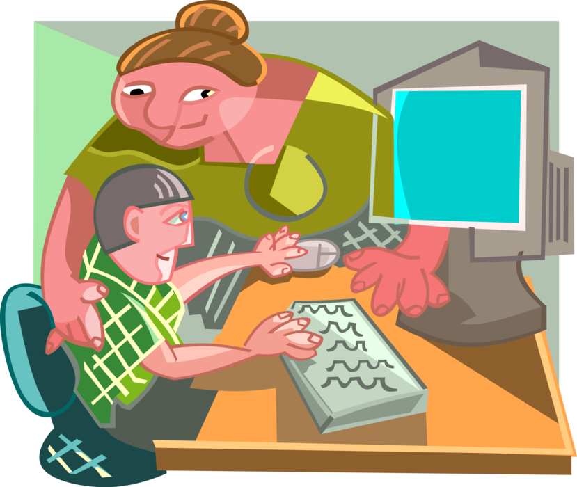 Vector Illustration of Teacher Helps Student in Computer Science Class at School