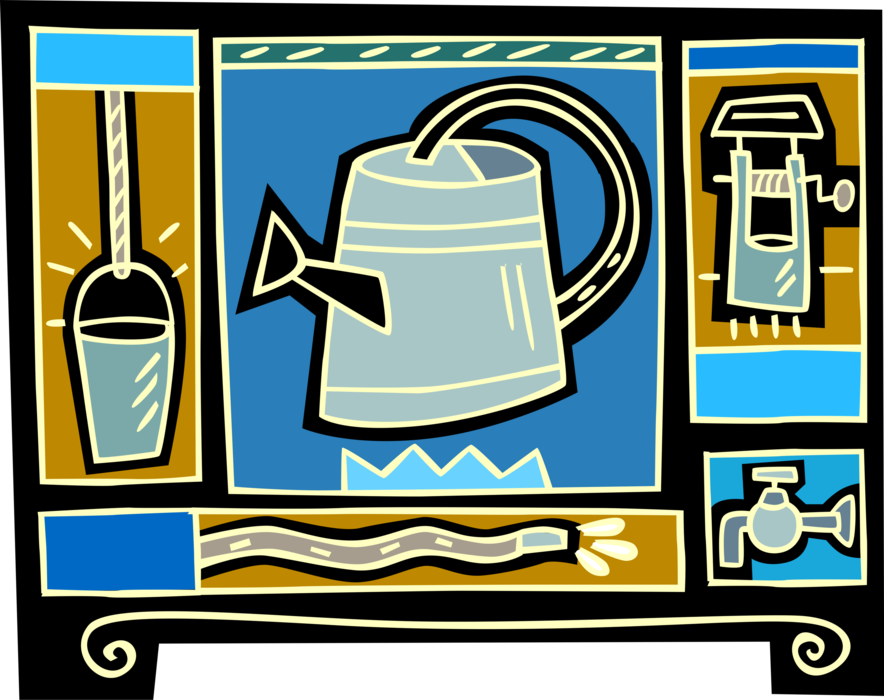 Vector Illustration of Watering Can with Drinking Water Well and Hose