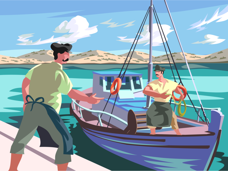 Vector Illustration of Sport Fisherman Angler Docking Fishing Boat in Greek Port
