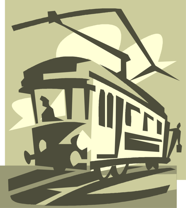 Vector Illustration of Electric Streetcar Tram Trolley Runs on Tracks, San Francisco, California
