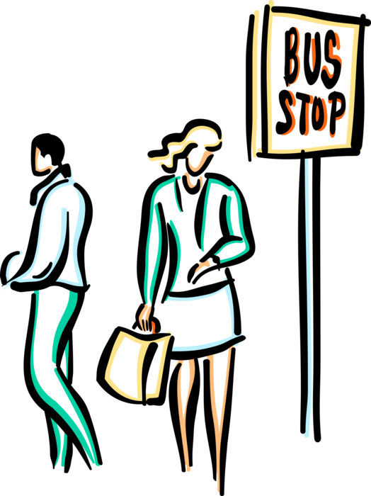 Vector Illustration of Businesswoman Waits at Bus Stop for Public Transportation