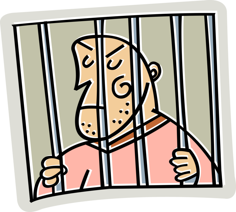 Vector Illustration of Prison Cell with Incarcerated Inmate Prisoner Behind Bars