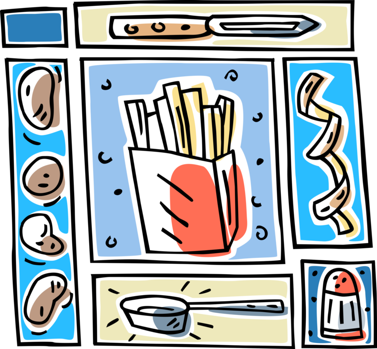 Vector Illustration of Fried Potato French Fries, Peeler, Salt and Frying Pan