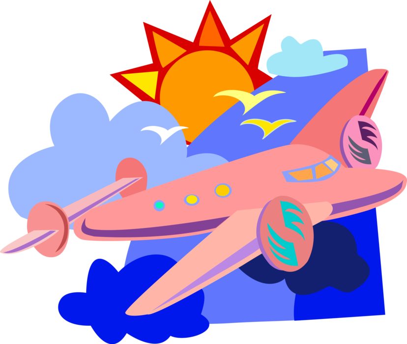 Vector Illustration of Propeller Airplane in Flight Soaring Above the Clouds